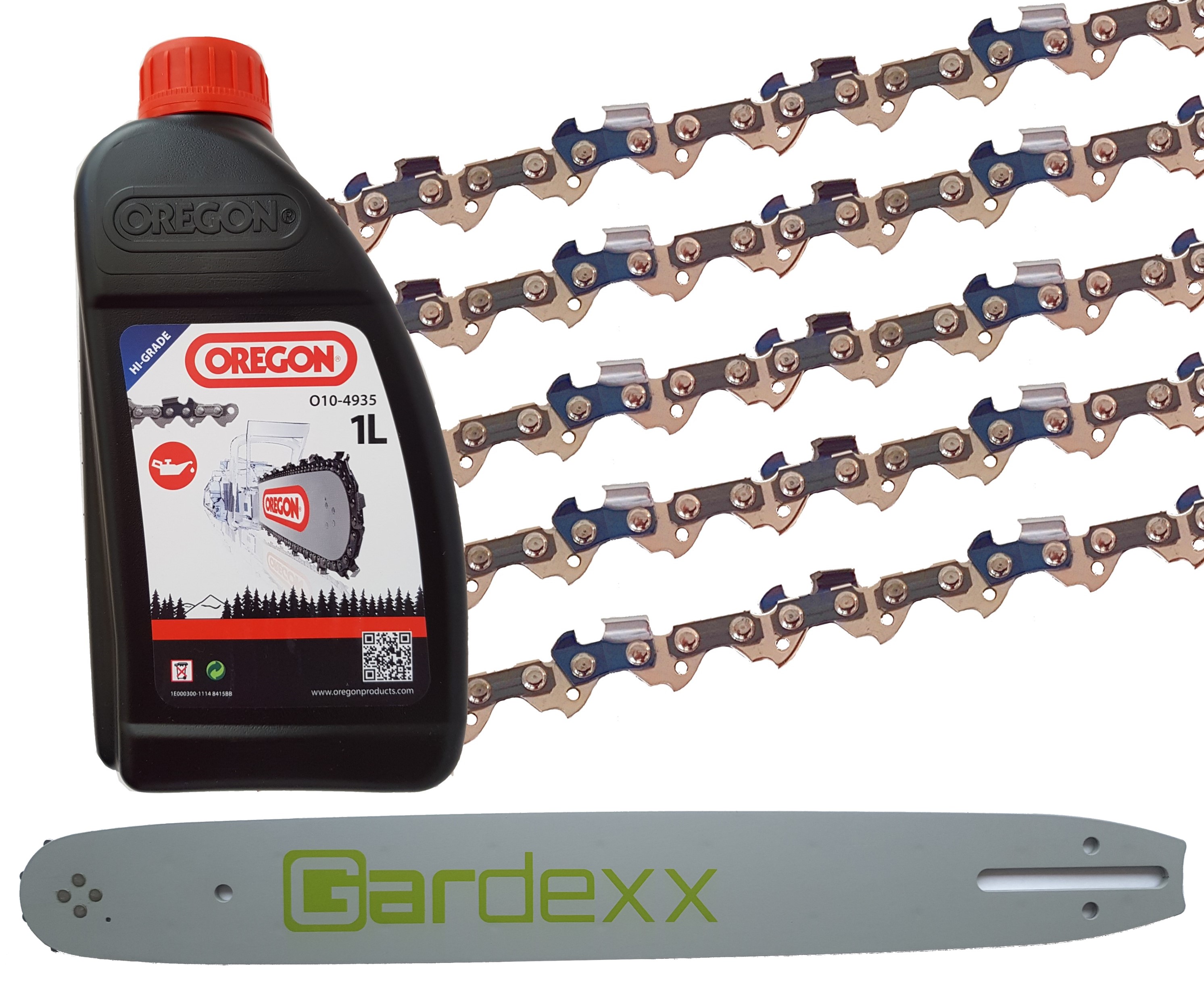 5 X Sägekette für Bosch AKE 35S + Gardexx Führungsschiene + 1 L OREGON Kettenöl